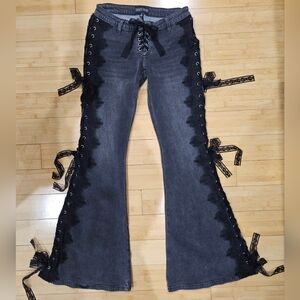 Dolls Kill Current Mood Across The Crowd Gray Black Lace Up Flared Jeans S